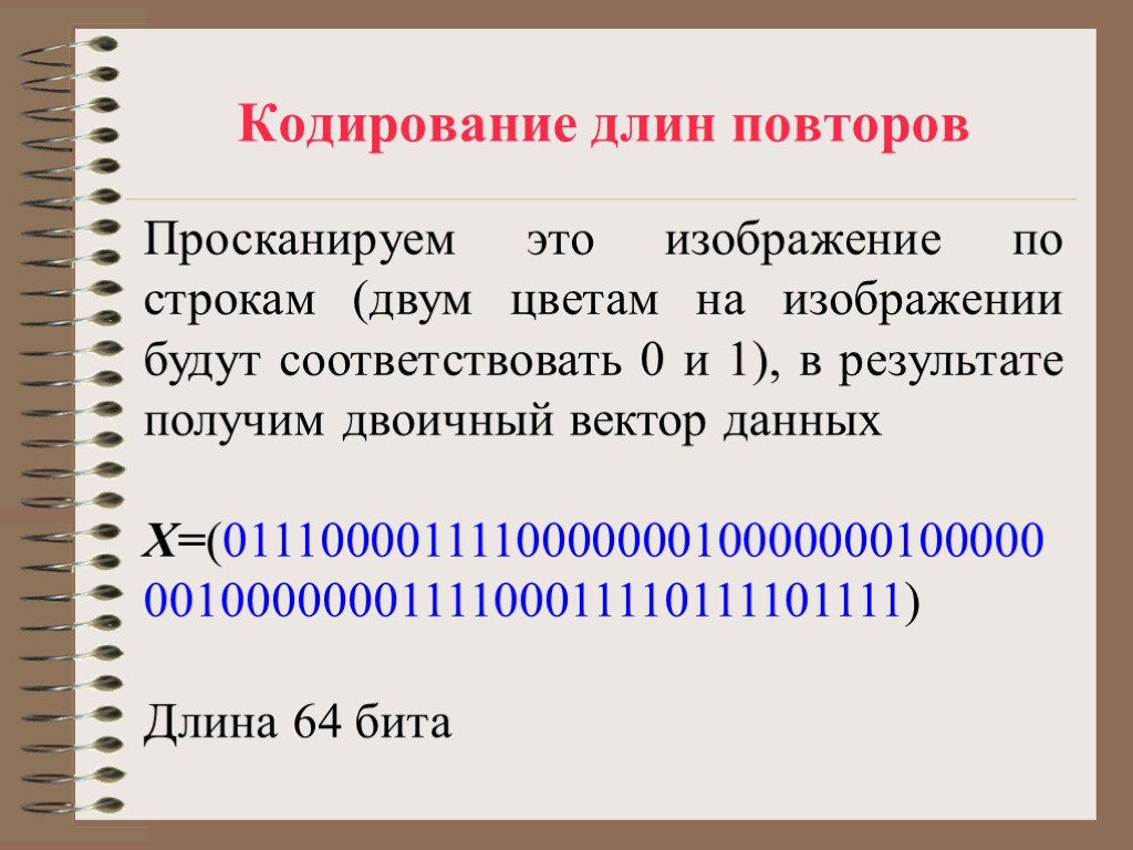 Кодирование длин повторов Просканируем это изображение по строкам (двум цветам на изображении будут соответствовать